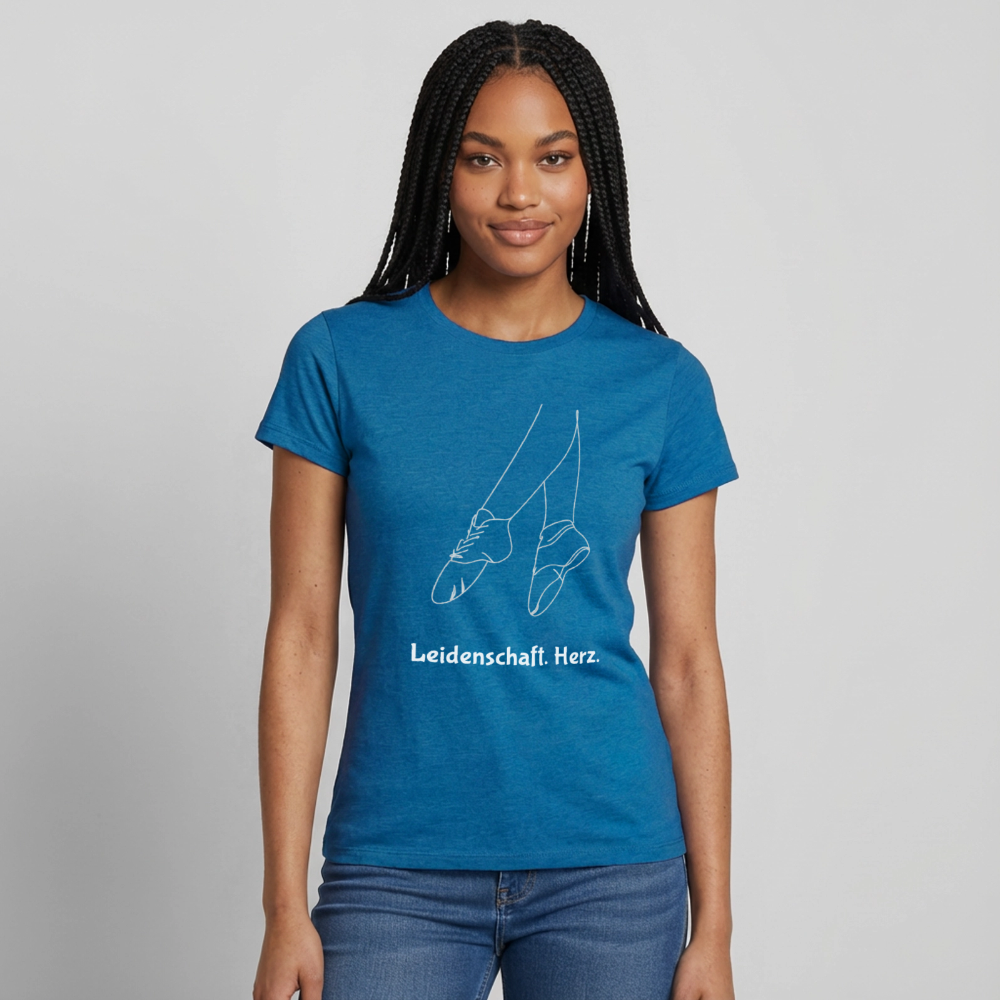 Gardetanz T-Shirt Damen – Tanzschuhe Line Art "Leidenschaft. Herz." - antique blue sapphire heather