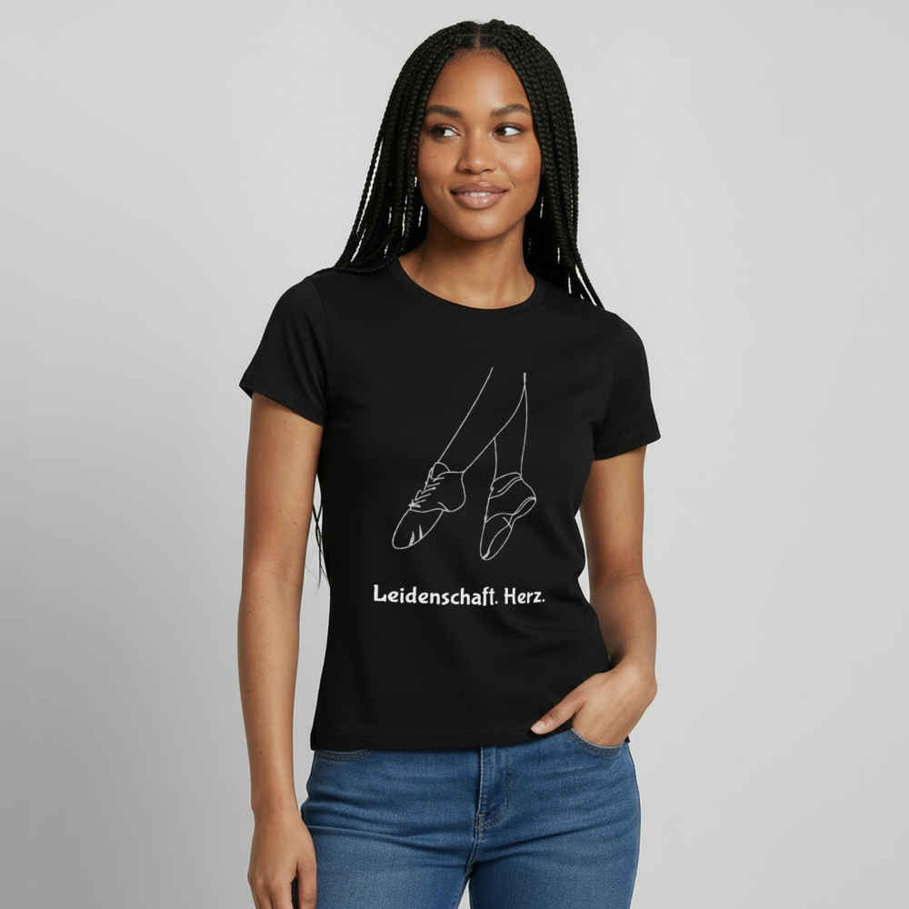 Gardetanz T-Shirt Damen – Tanzschuhe Line Art "Leidenschaft. Herz." - black
