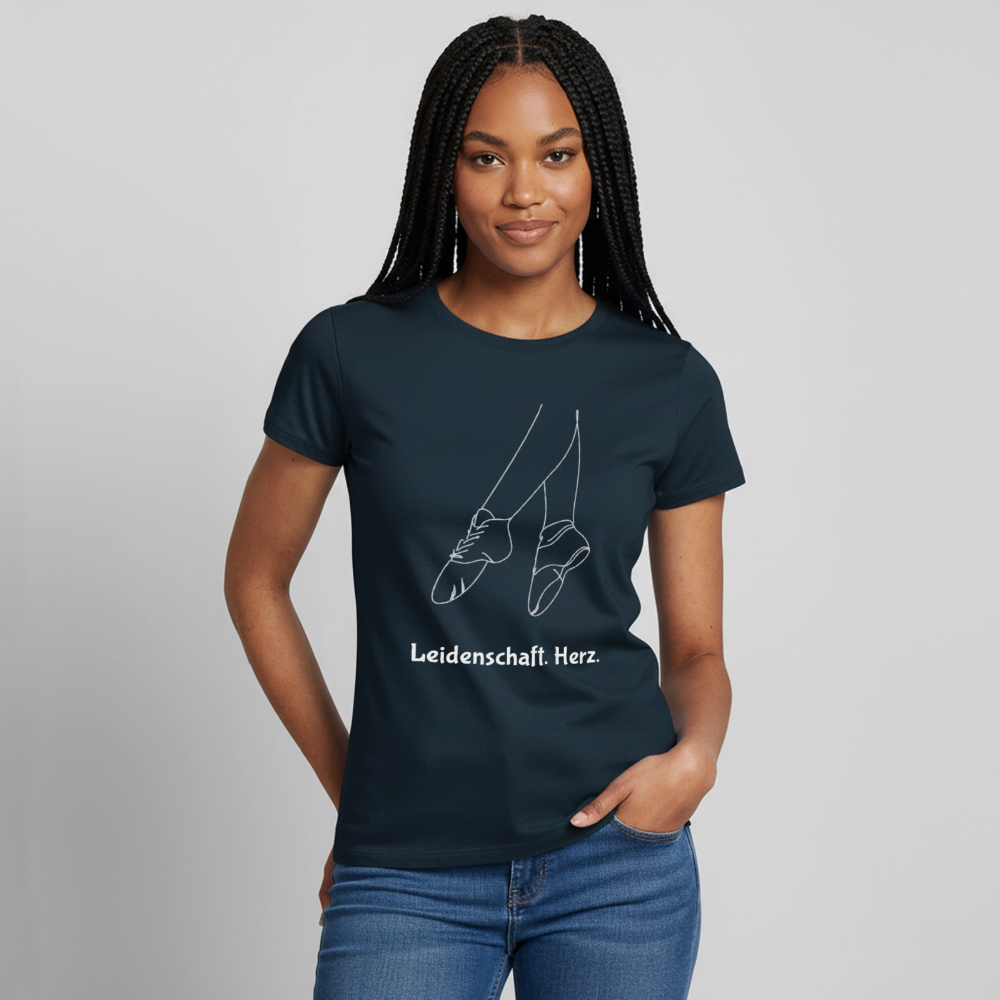 Gardetanz T-Shirt Damen – Tanzschuhe Line Art "Leidenschaft. Herz." - navy